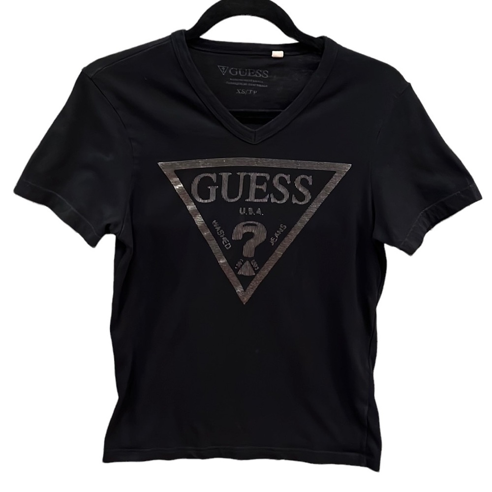 GUESS, V-neck T-shirt, black-silver, Women’s size XS.